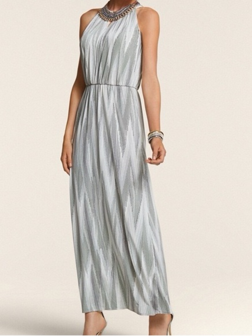 Chico's Silver Grey Halter Chevron Maxi Dress Sleeveless Elasticized Waist Size1
